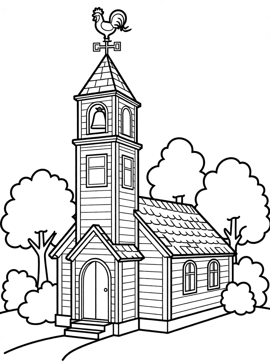 Wooden church with detailed bell tower and weathervane