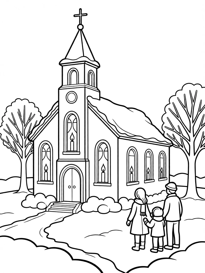 Christmas Eve church scene with candles in windows and snow-covered grounds