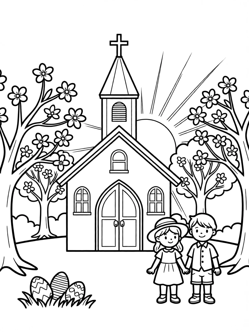 Easter morning church with flowering trees and sunrise elements