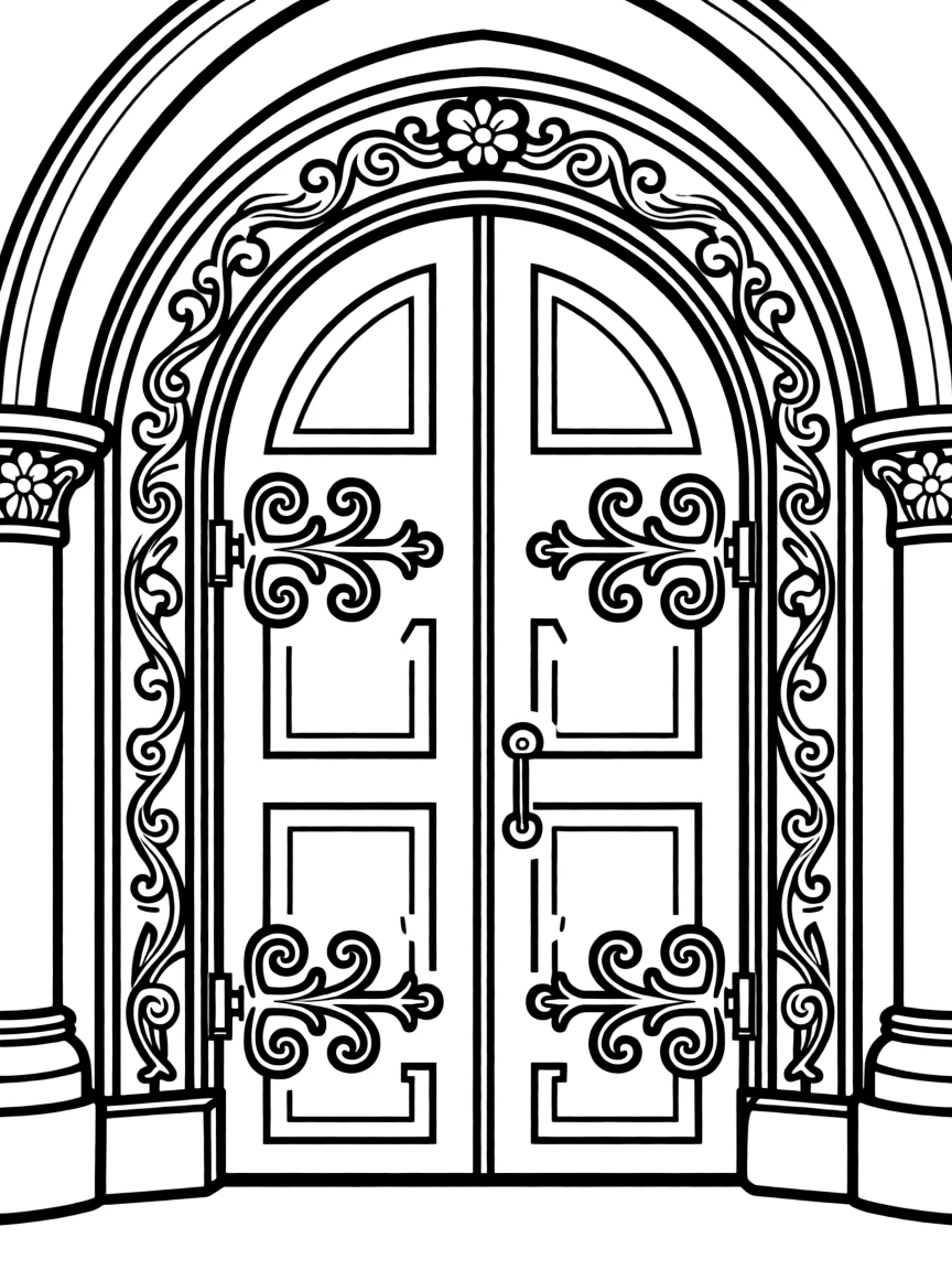 Church doorway with ornate carvings and decorative hinges