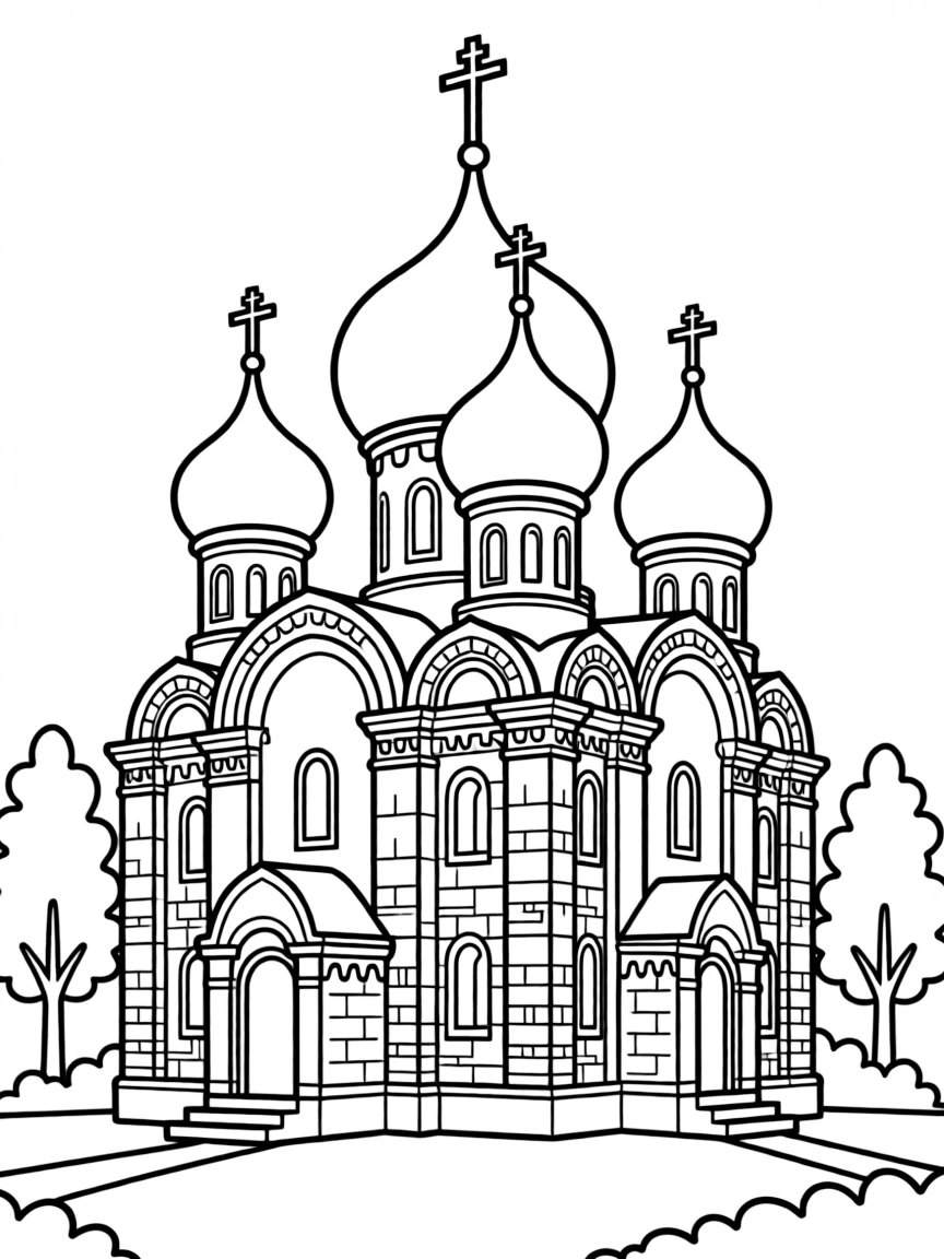 Orthodox church with characteristic onion domes and decorative facades
