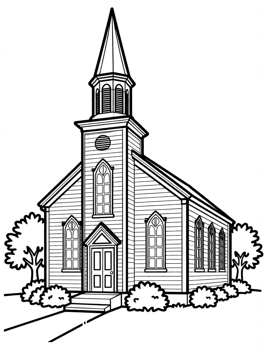 Colonial American church with white steeple and detailed woodwork