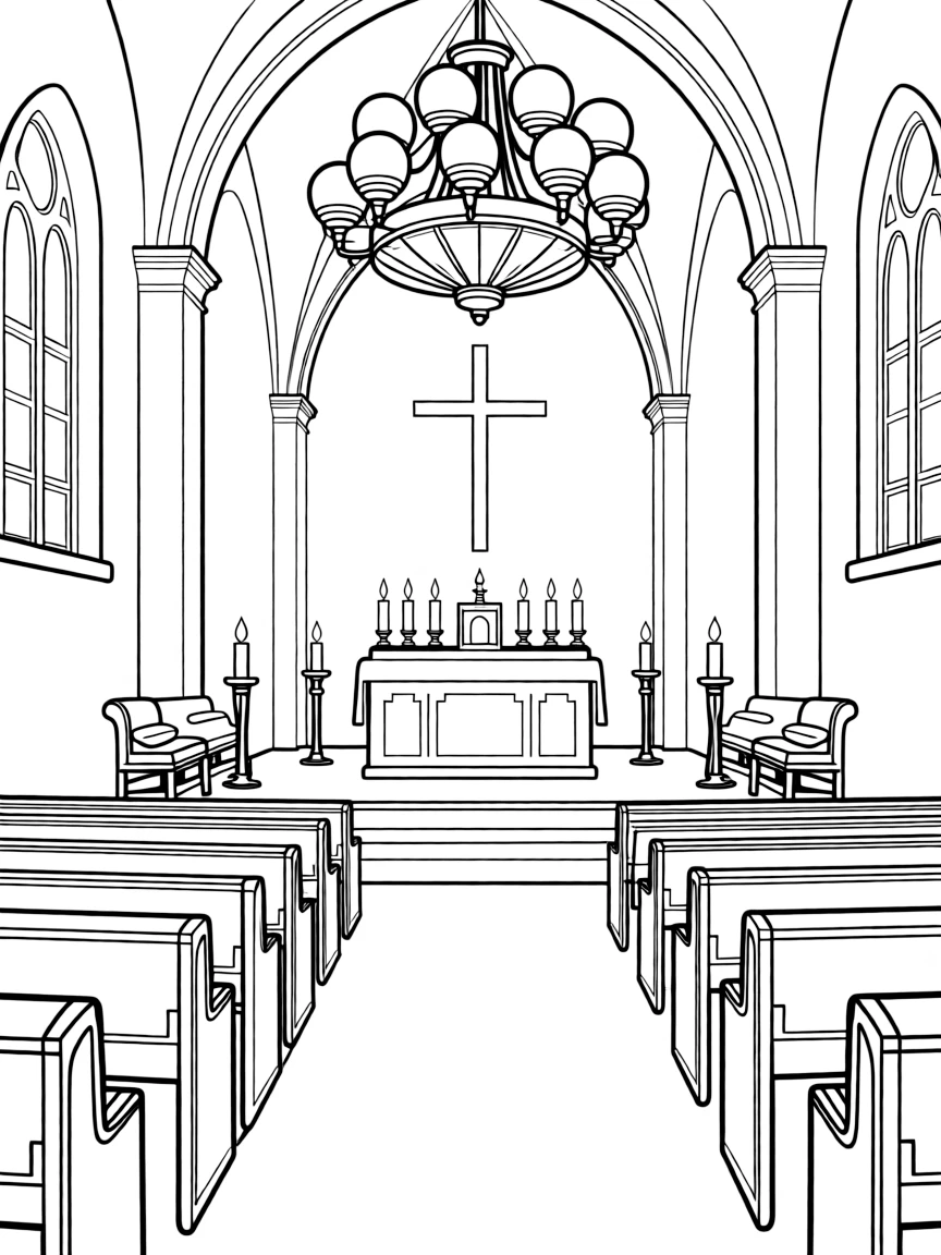 Church interior showing altar, pews, and chandelier details