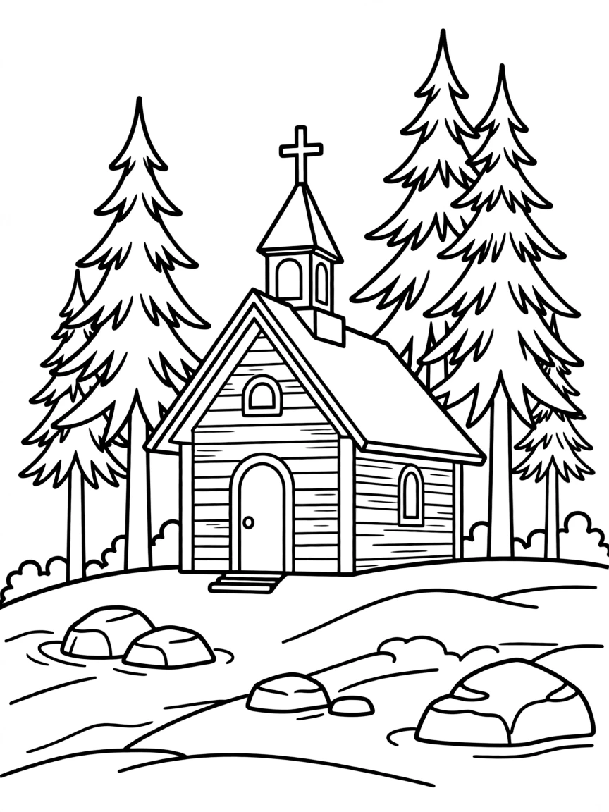 Mountain chapel with pine trees and rocky landscape surrounding it