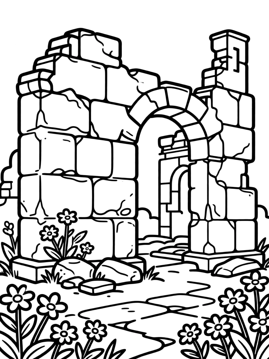 Ancient stone church ruins with wildflowers growing among the stones
