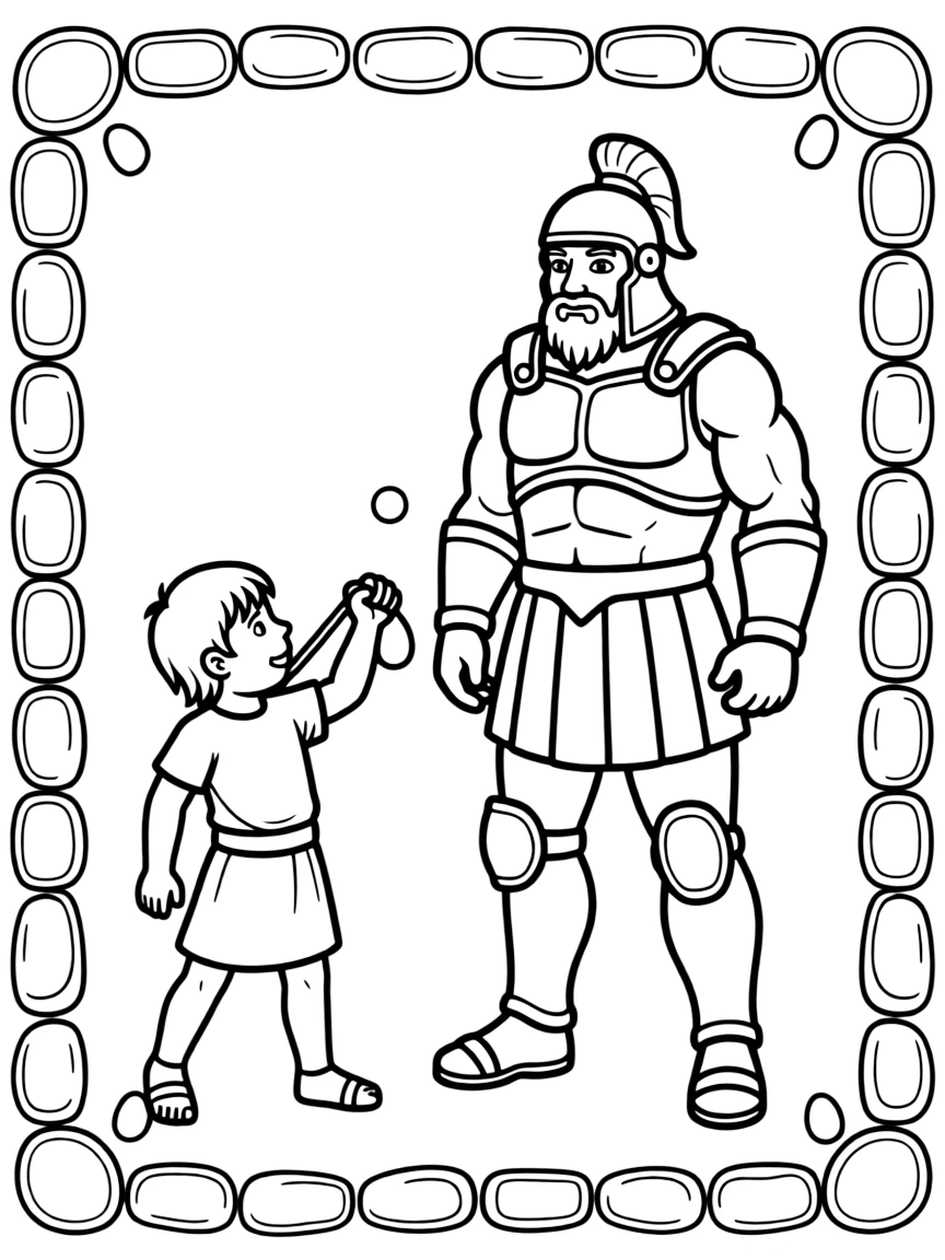 David and Goliath scene with decorative border of stones and sling details