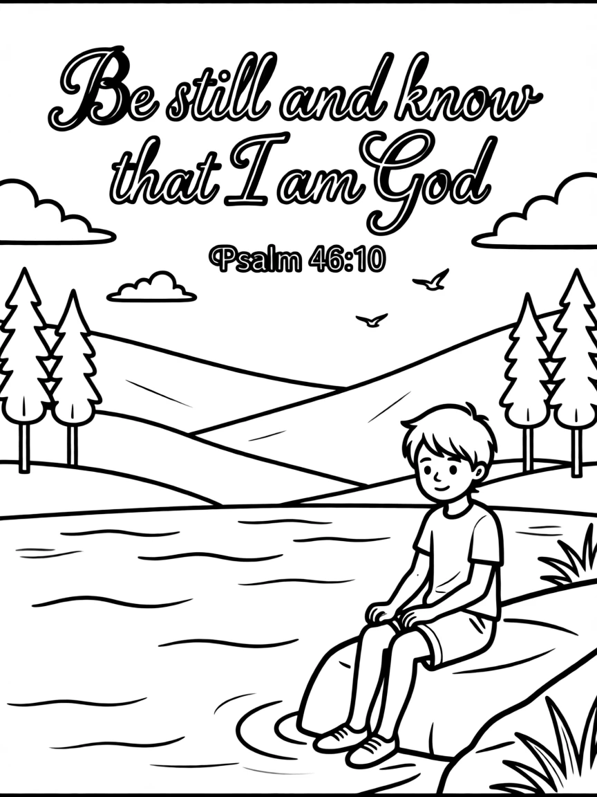 "Be still and know that I am God" (Psalm 46:10) in flowing script with peaceful lake scene