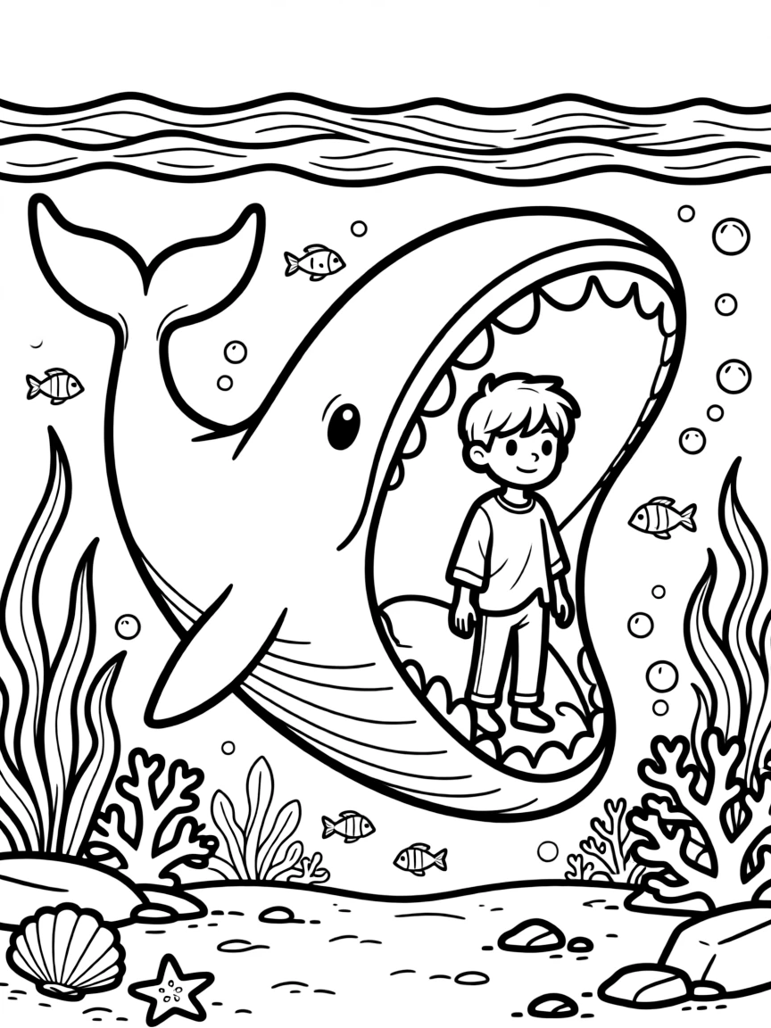 Jonah and the whale with detailed underwater elements and waves