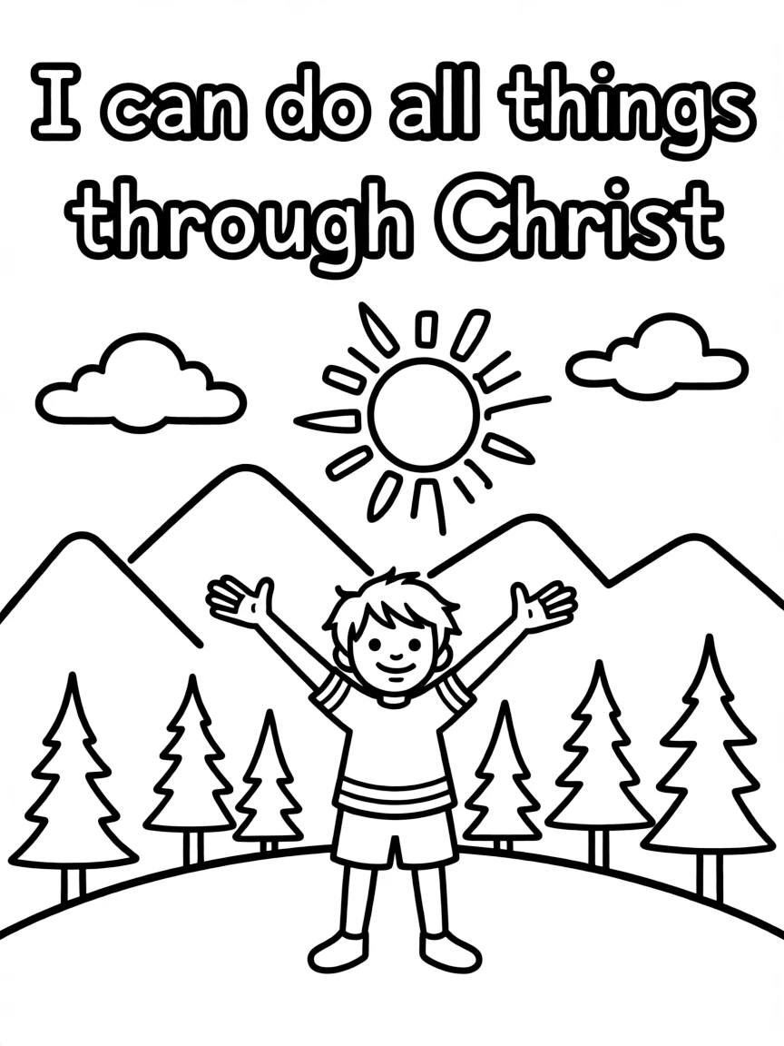 "I can do all things through Christ" (Philippians 4:13) with mountain landscape background