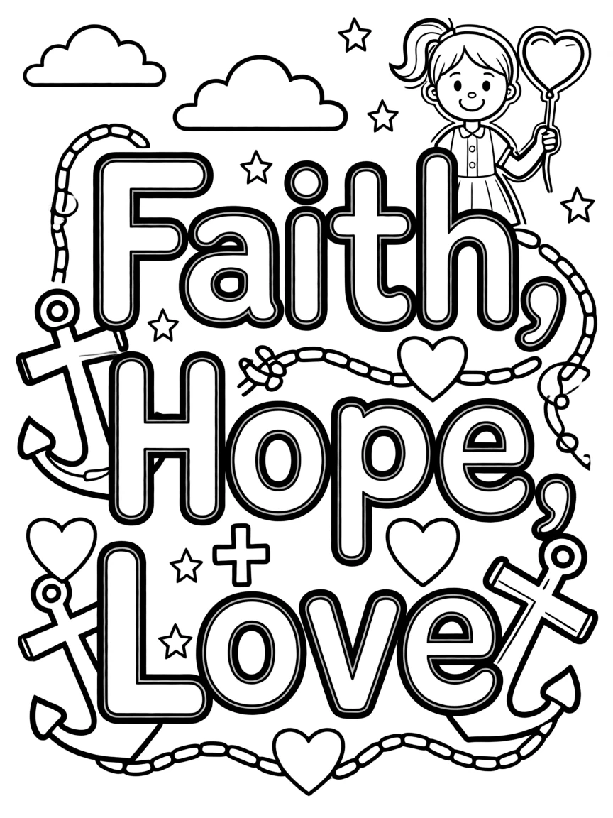 "Faith, Hope, Love" (1 Corinthians 13:13) with symbolic anchors, hearts, and crosses
