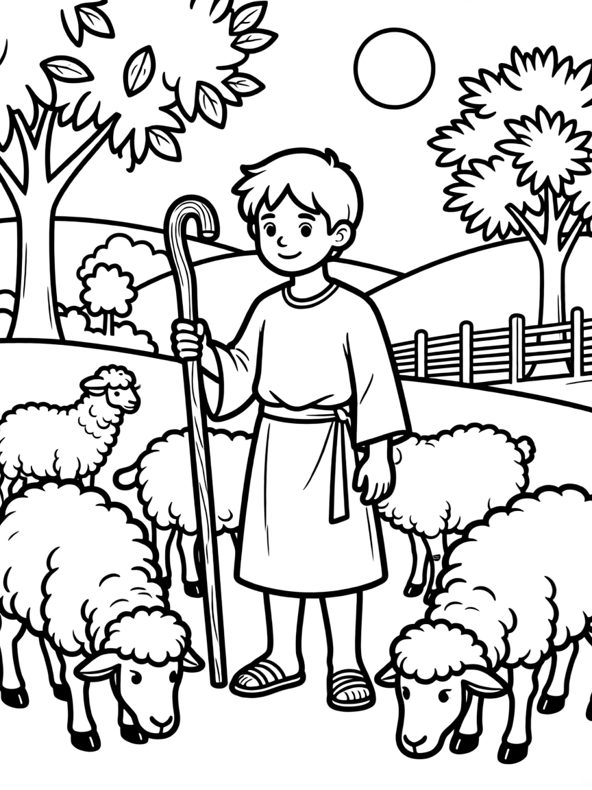 Good Shepherd with detailed sheep in pastoral landscape