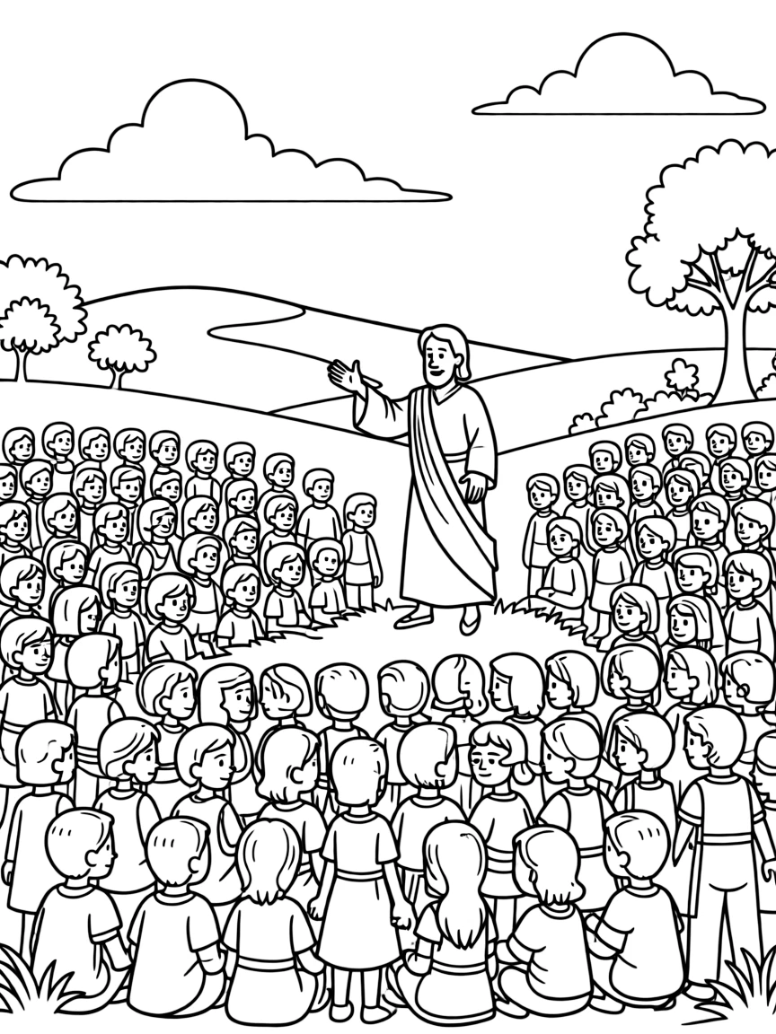 Sermon on the Mount scene with detailed crowd and landscape elements