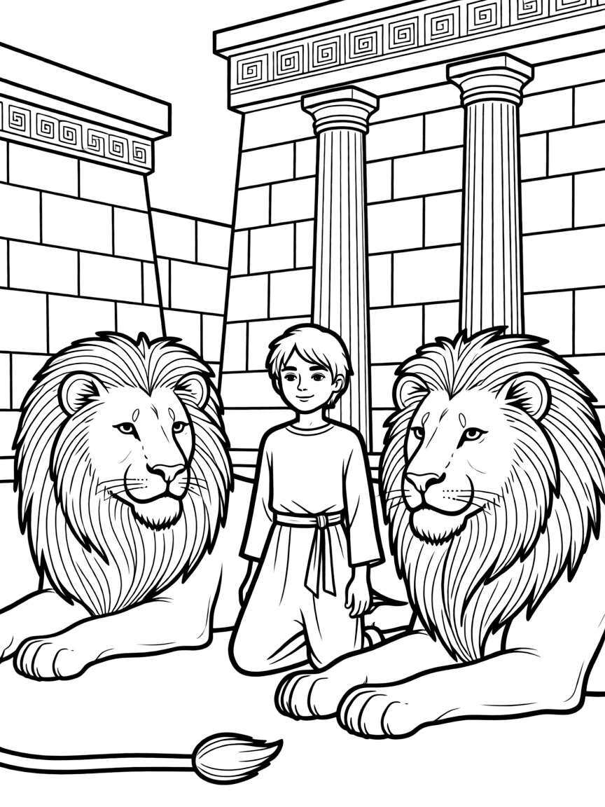 Daniel in the lions' den with detailed lion figures and temple architecture