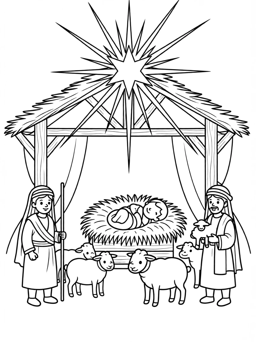 Nativity scene with detailed manger, star, and visiting shepherds
