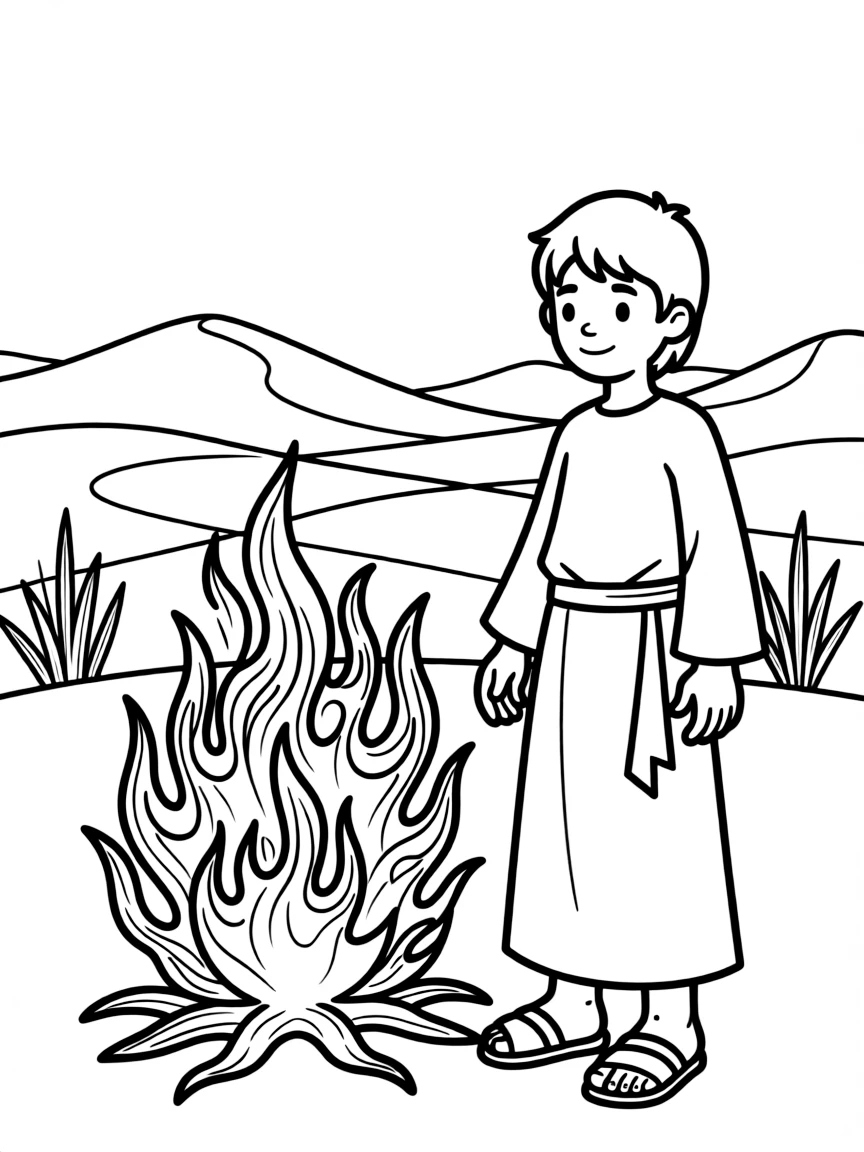 Moses and the burning bush with detailed flame patterns and desert landscape