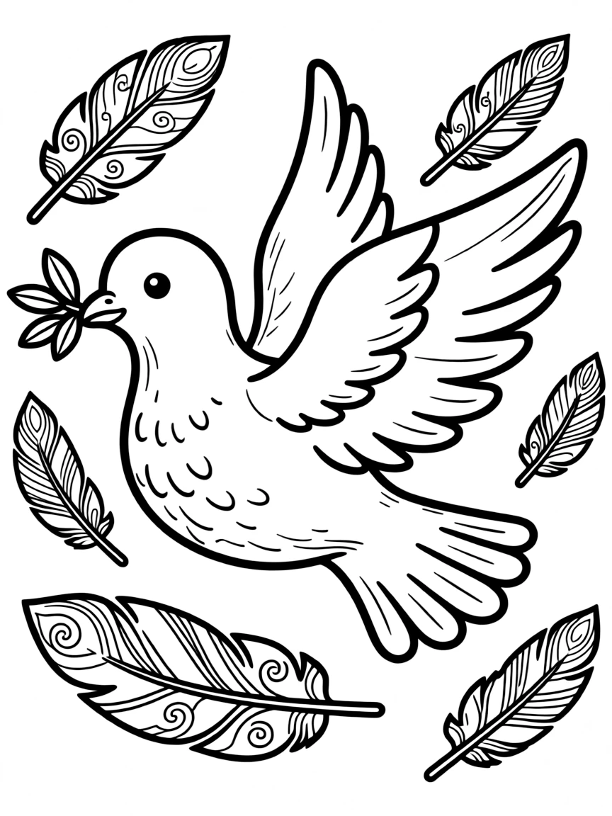 Dove of peace with olive branch and decorative feather patterns