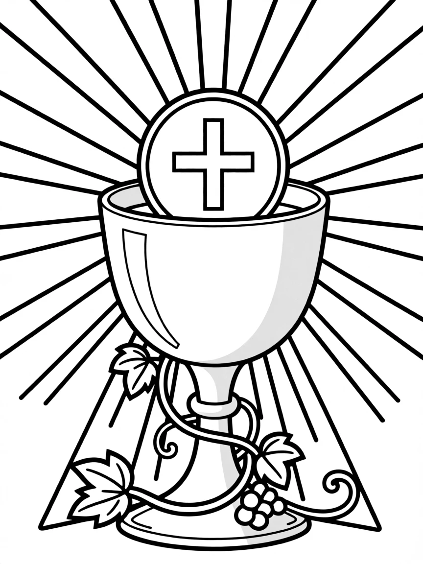 Chalice and host with radiating light and grape vine decoration