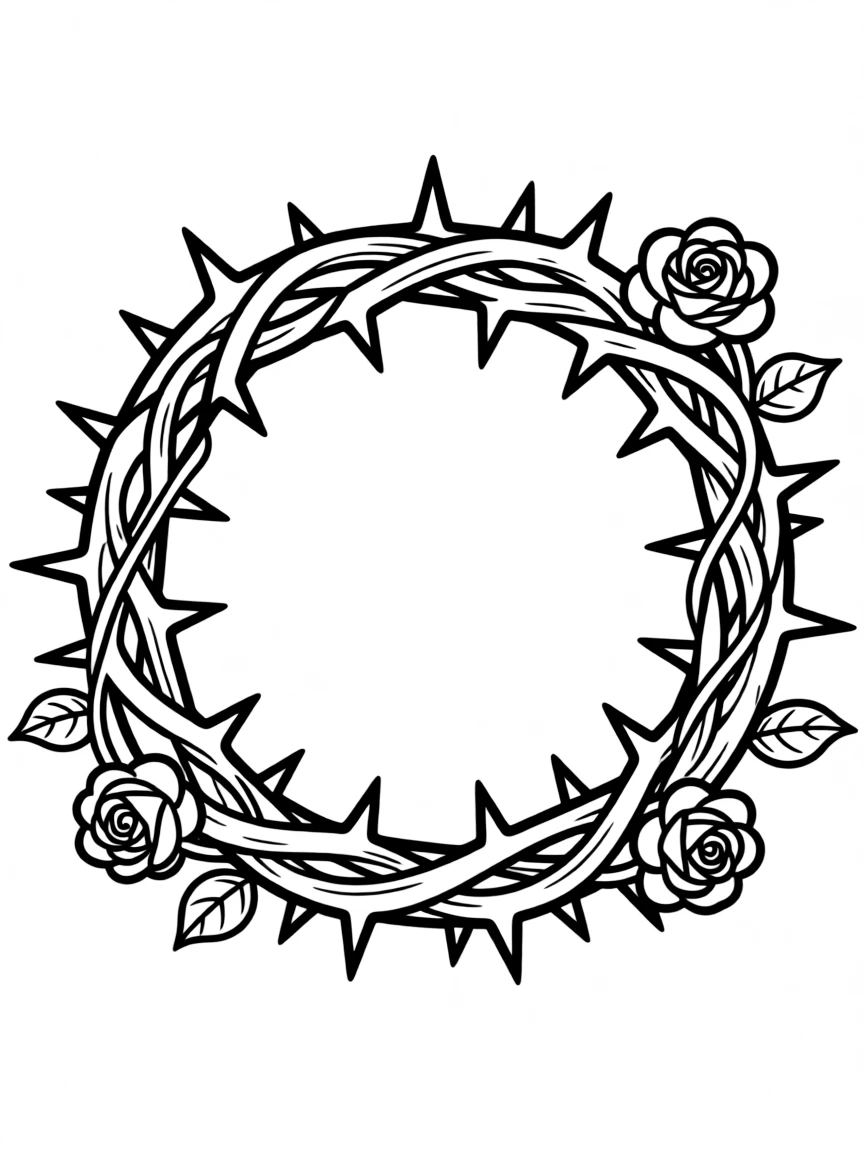 Crown of thorns with detailed thorn texture and rose elements intertwined