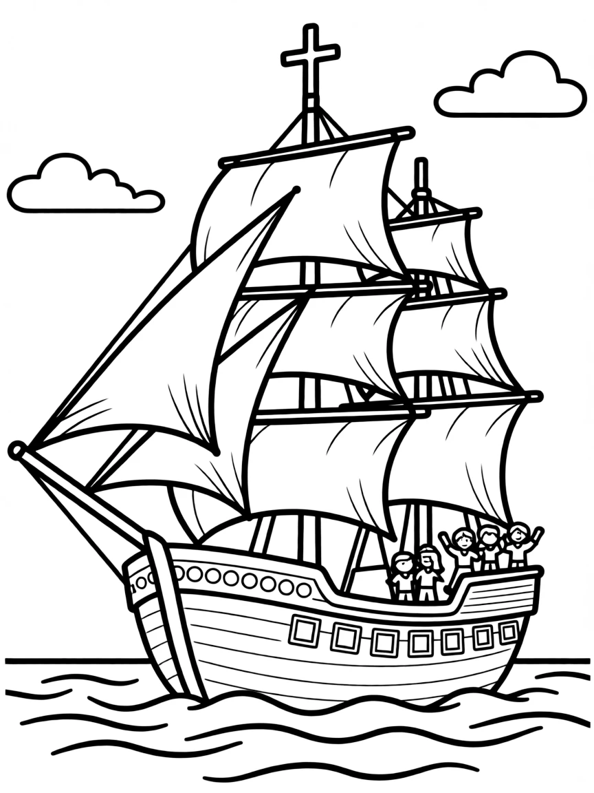 Ship (representing the Church) with detailed sails and cross mast