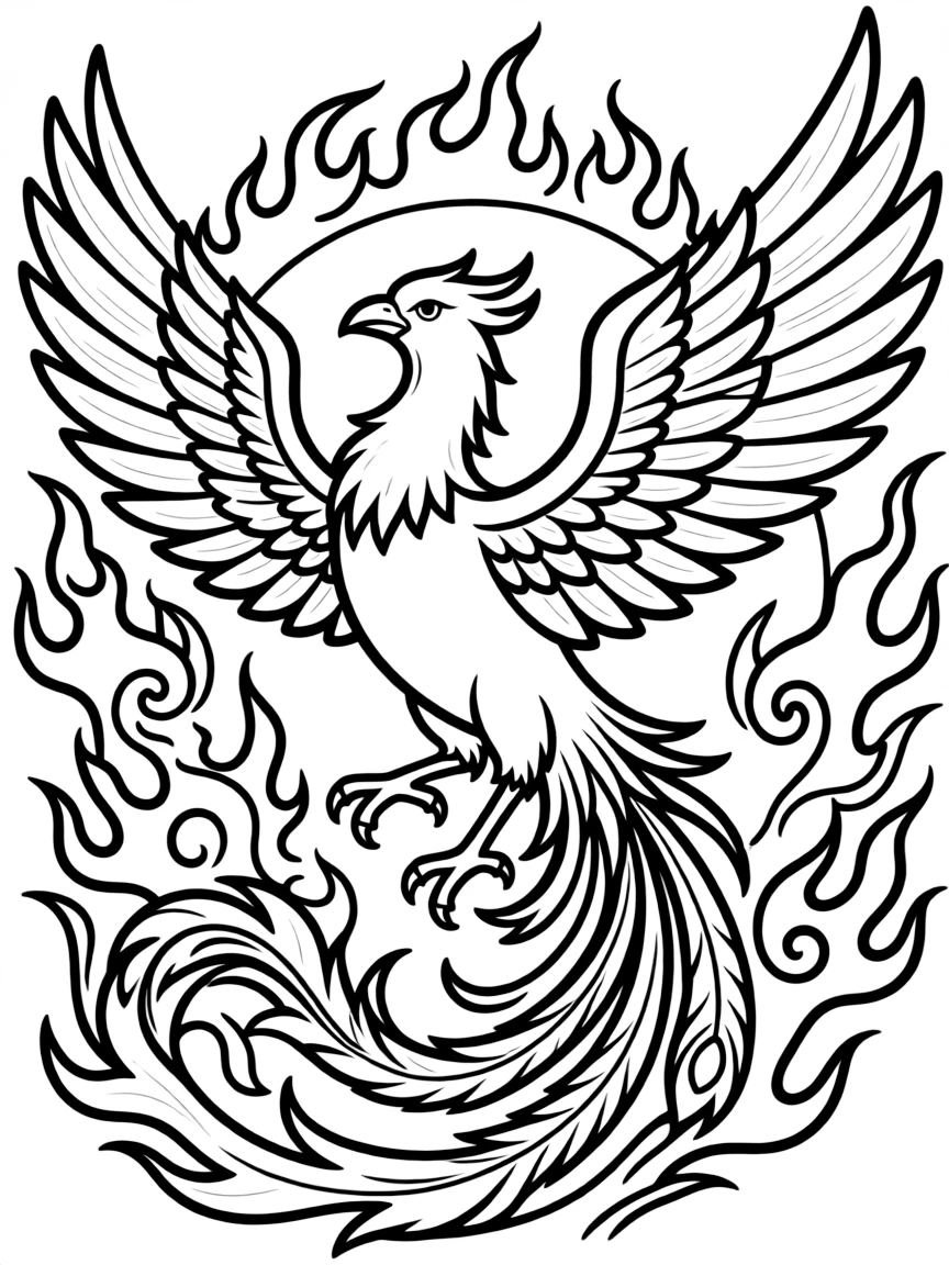 Phoenix rising (resurrection symbol) with detailed flame patterns