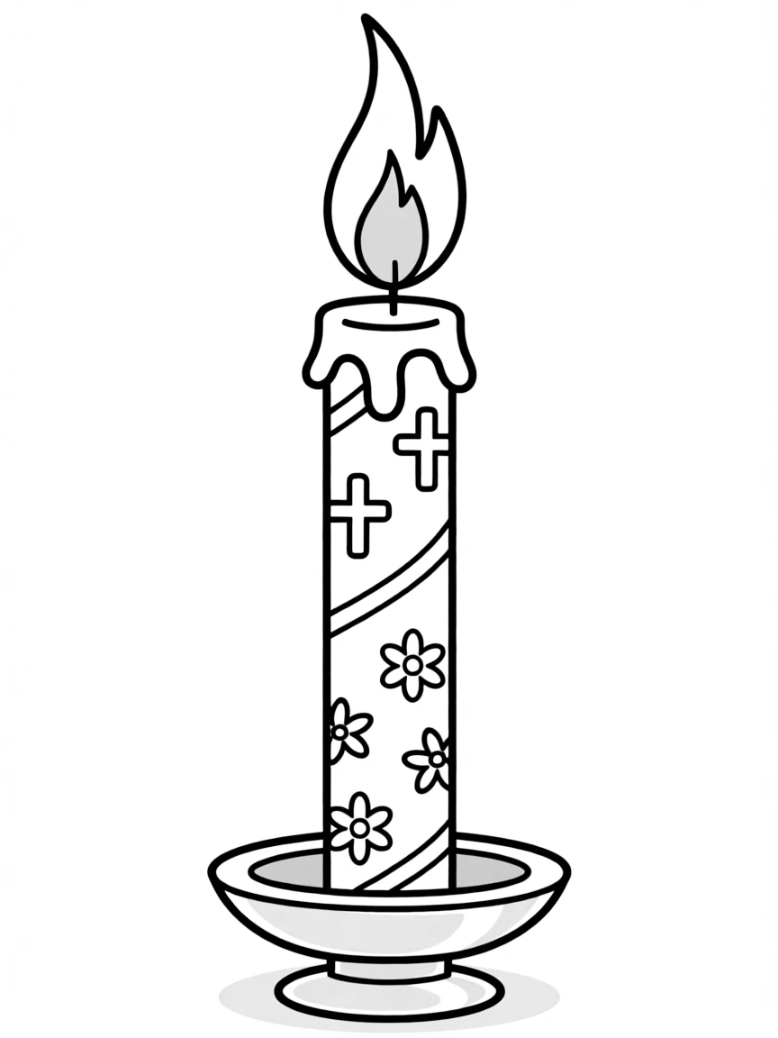 Paschal candle with detailed flame and decorative wax patterns