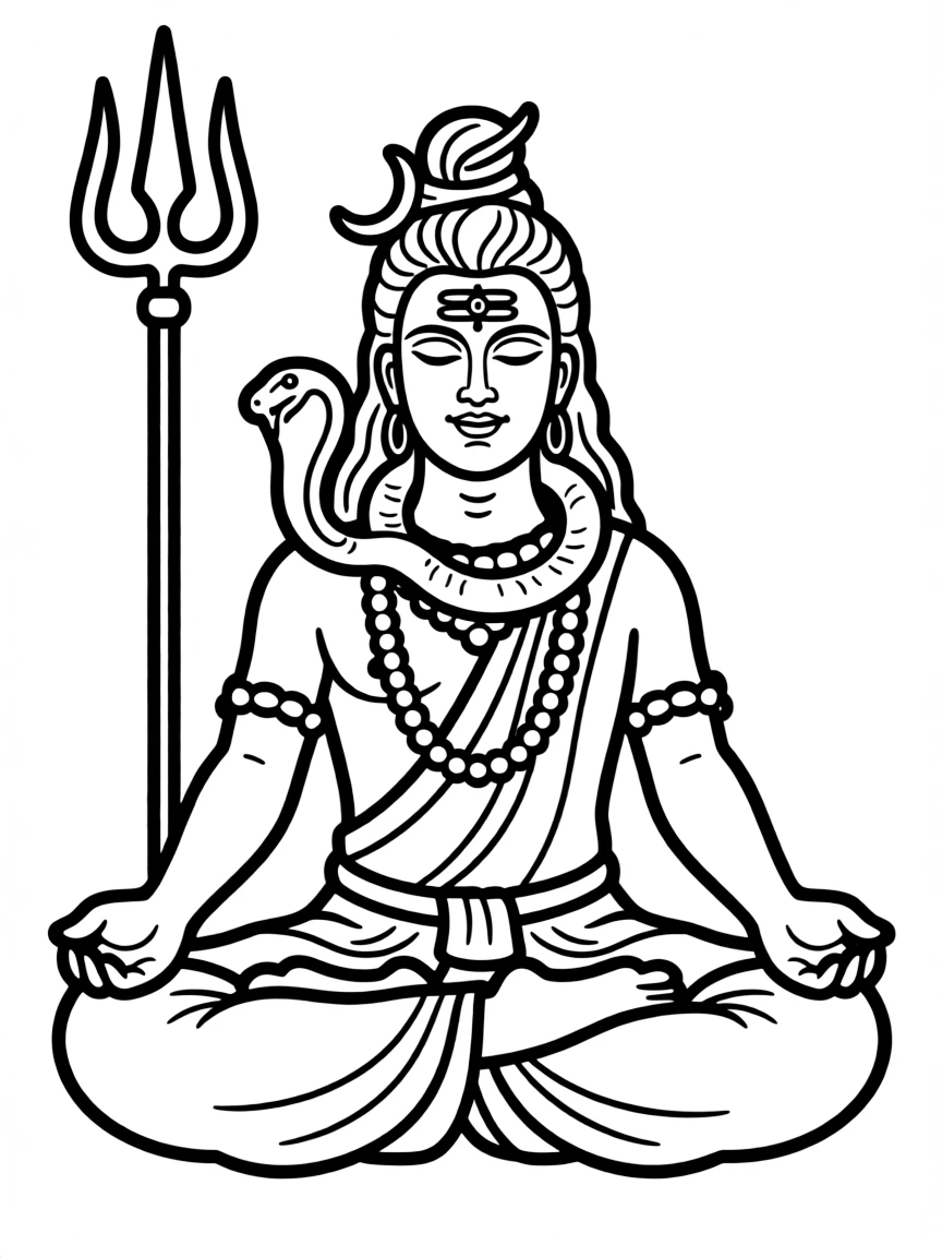 Shiva in meditation pose with trident, snake, and third eye details