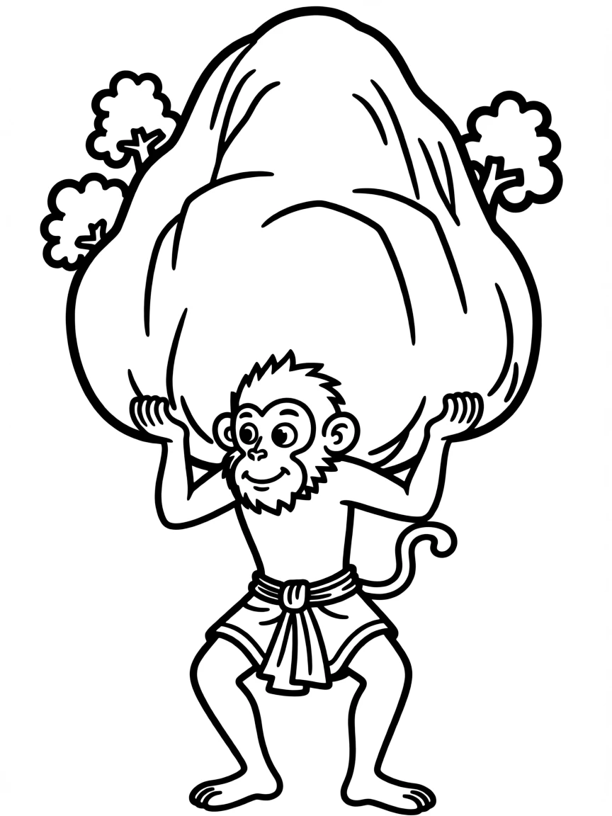 Hanuman carrying mountain with detailed monkey features and devoted expression