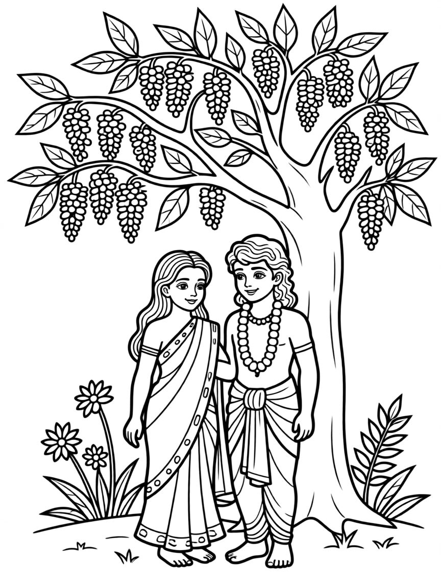 Radha and Krishna under kadamba tree with detailed floral elements