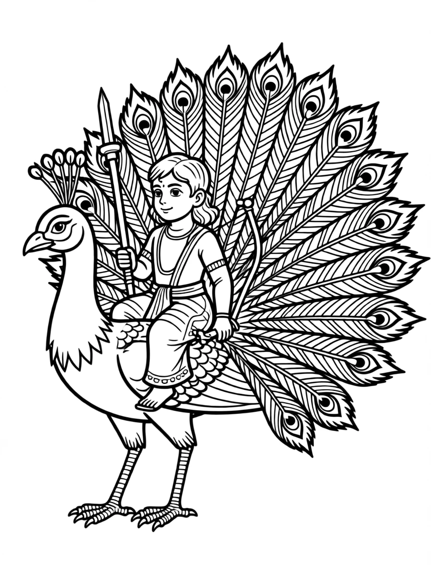 Kartikeya riding peacock with multiple detailed features and weapons