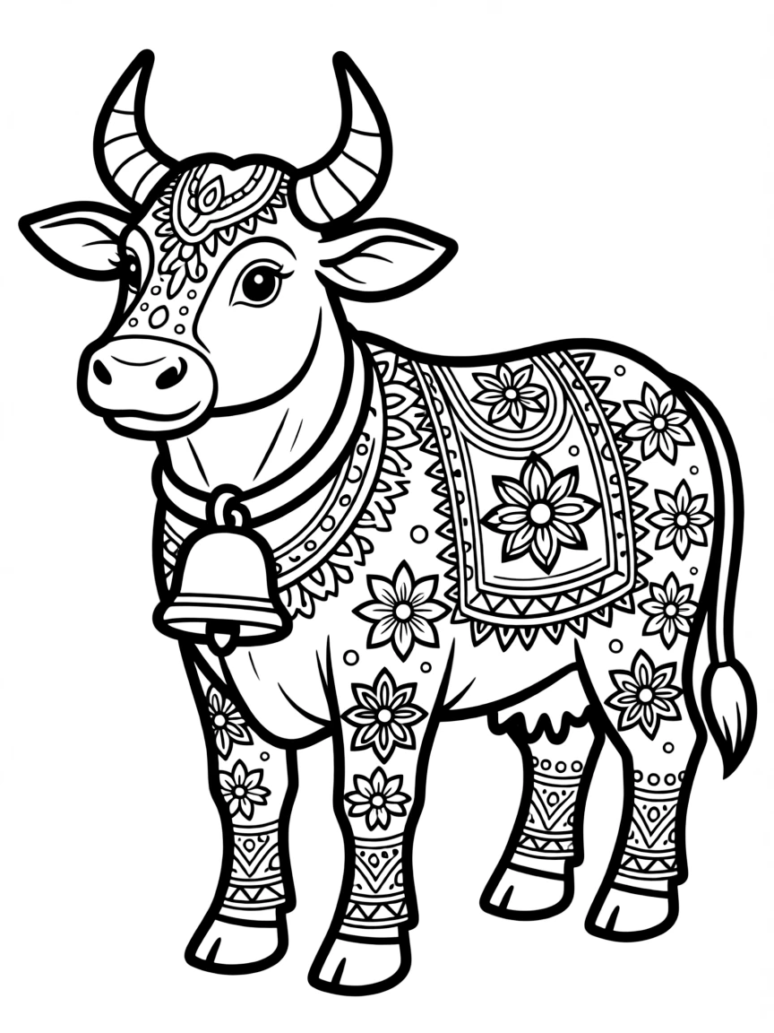 Sacred cow with detailed decorative patterns and bell collar