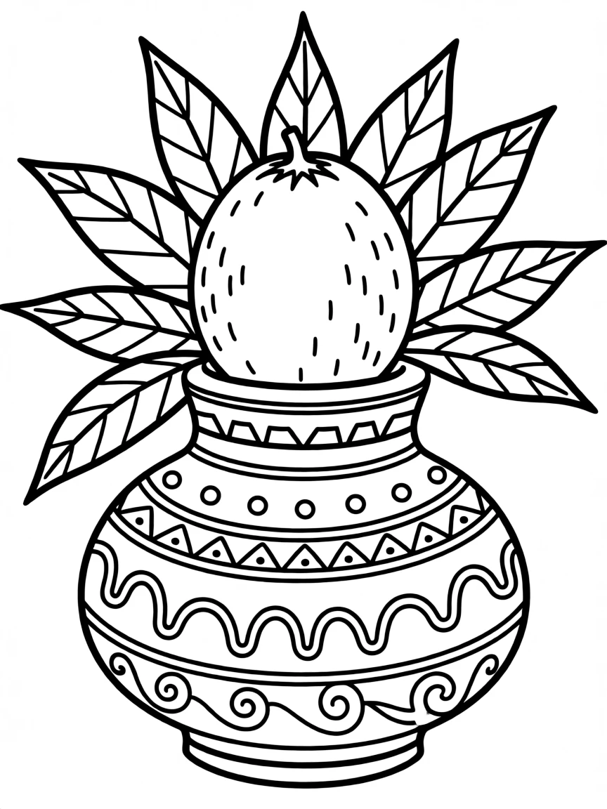 Kalasha (ceremonial pot) with coconut, mango leaves, and decorative patterns