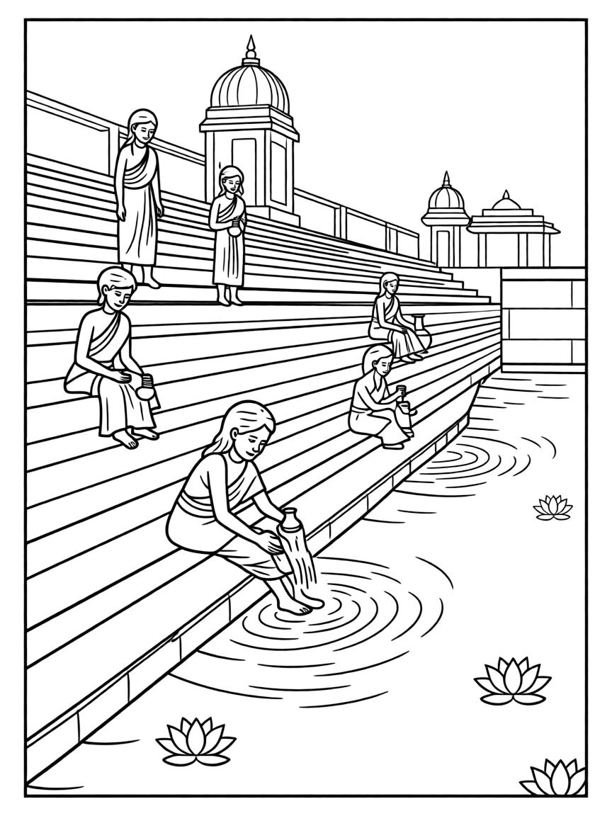 Temple tank with steps (ghats) and devotees in ritual bath