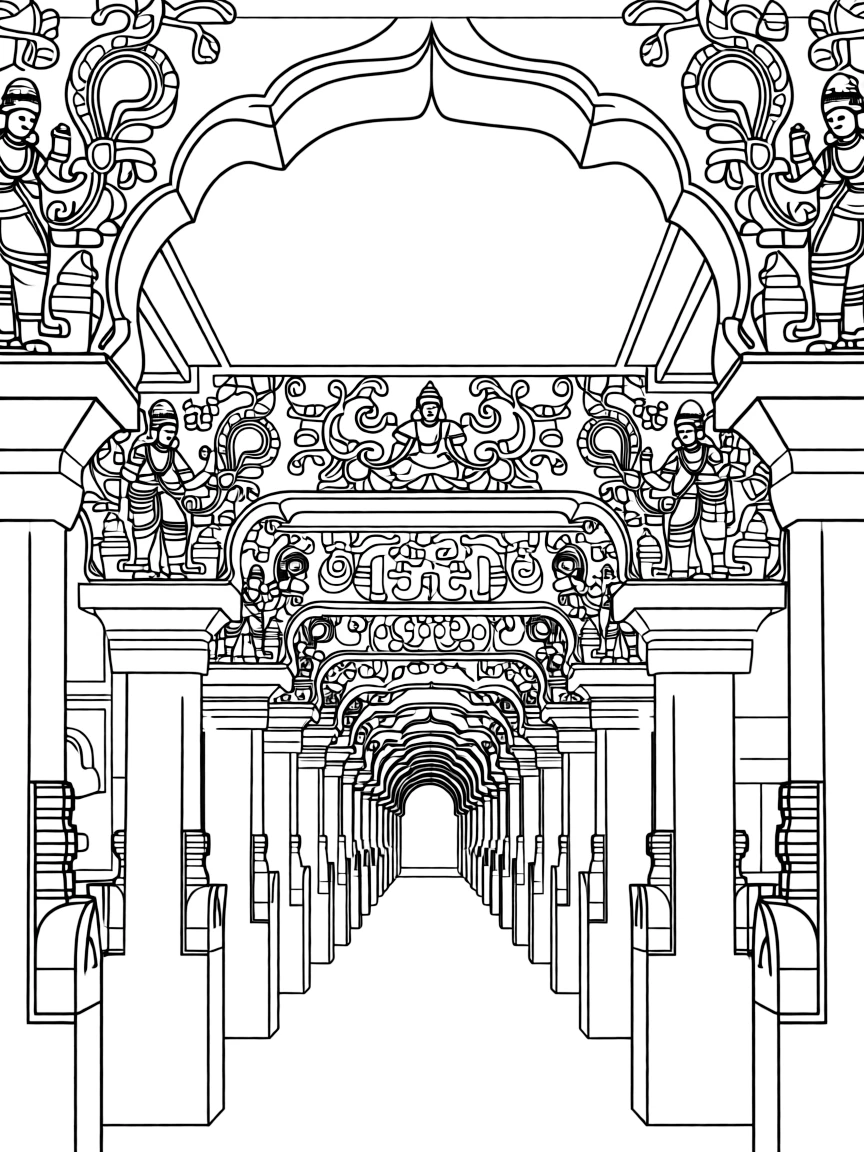 Meenakshi Temple with detailed colorful sculptures and corridor perspective