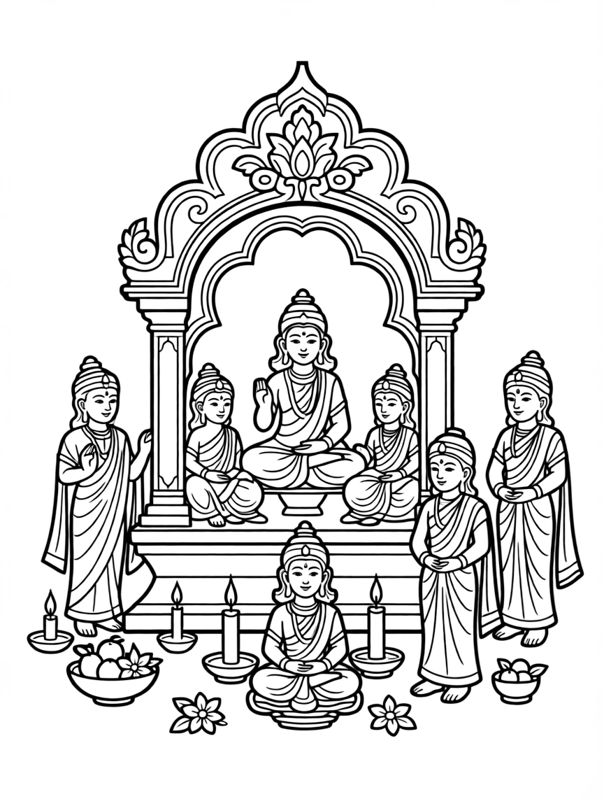 Hindu domestic shrine with multiple deity figures and offering elements