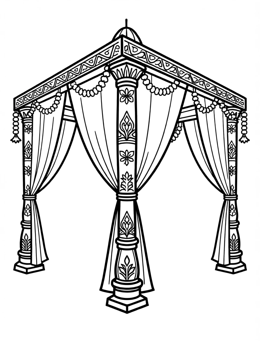 Hindu wedding mandap with detailed pillars and floral decorations