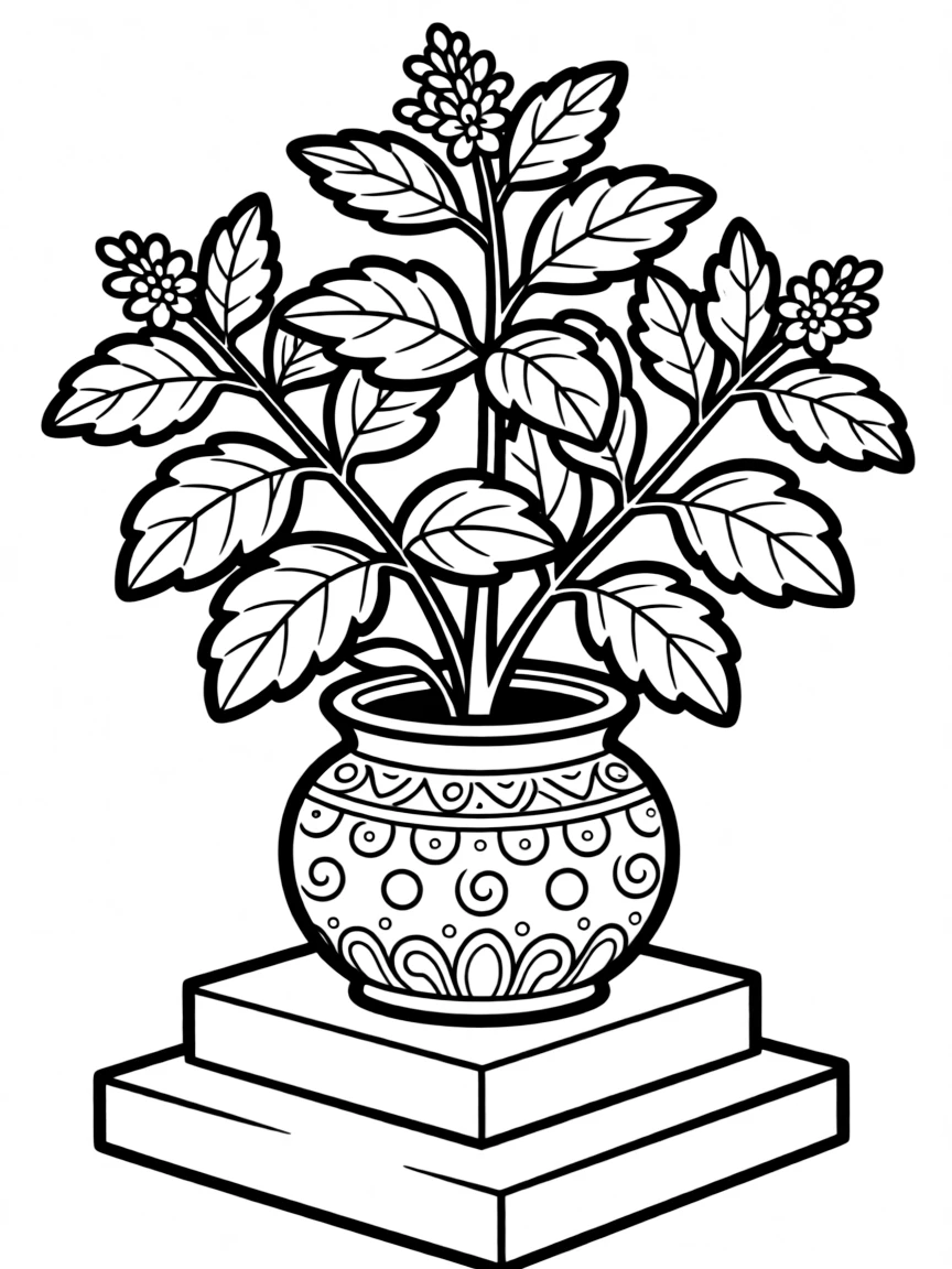 Sacred tulsi plant on elevated platform with decorative pot