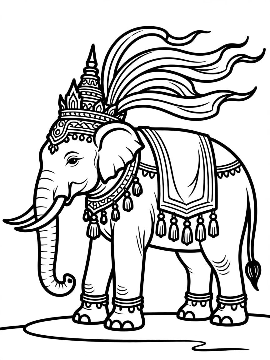 Temple elephant with elaborate ceremonial headdress and decorations