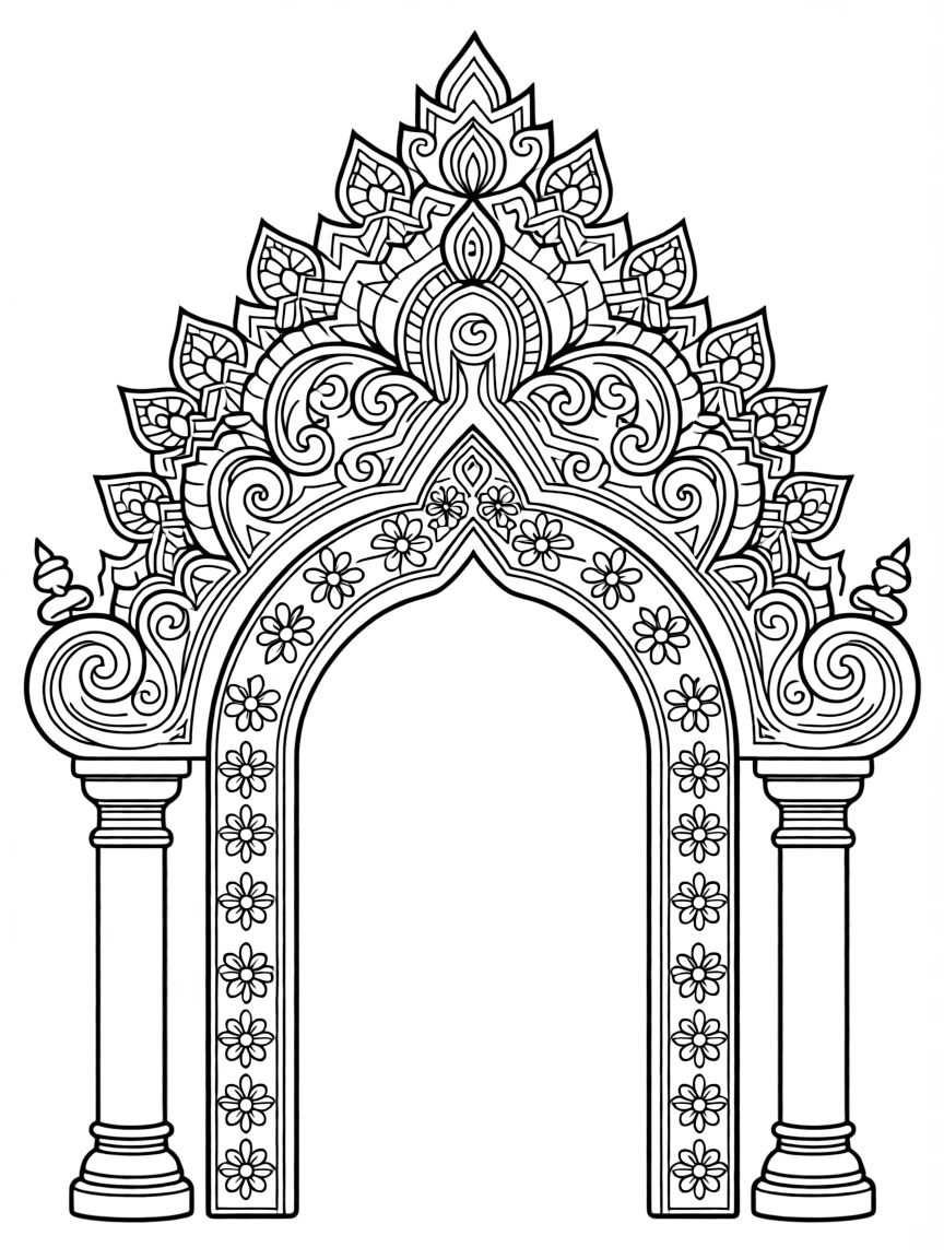 Traditional Hindu archway (torana) with detailed carvings