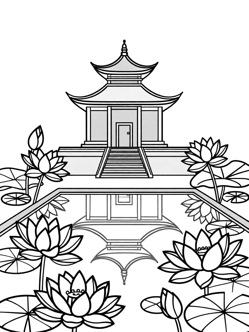 Temple with reflection in sacred tank with lotus flowers