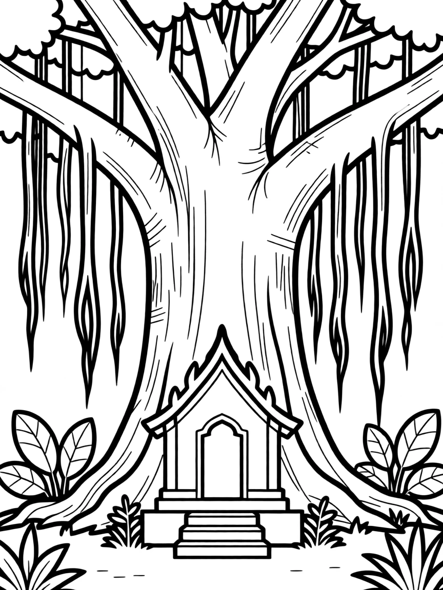 Sacred banyan tree with temple beneath and hanging roots