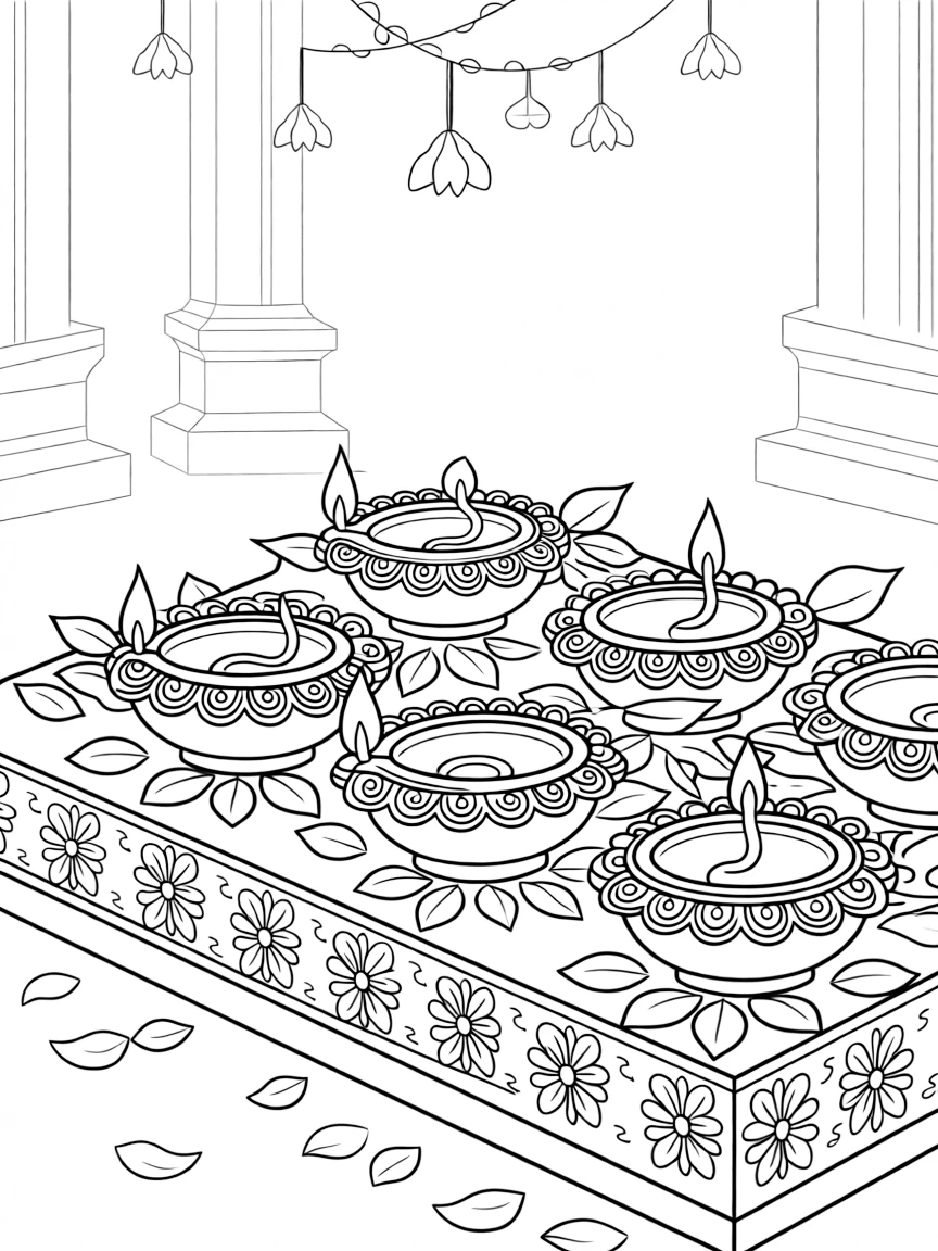 Decorated temple lamp (diya) arrangement for festival