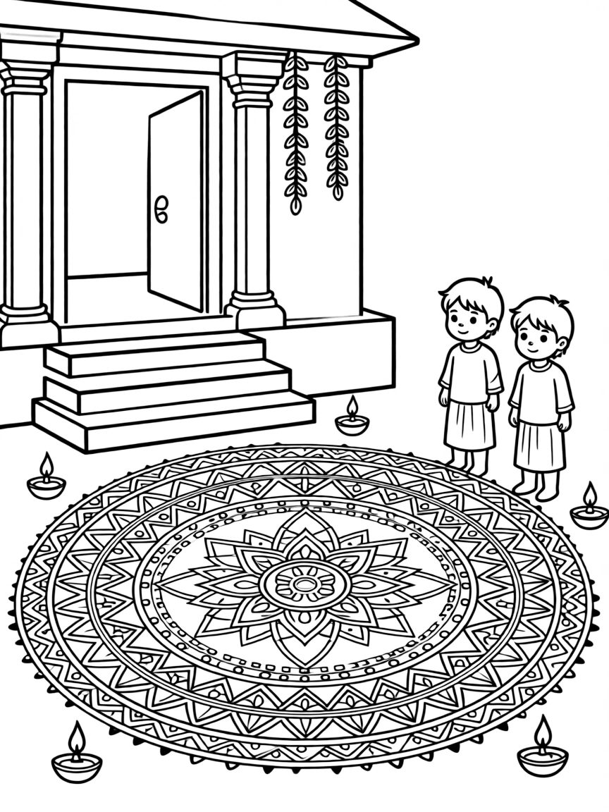 Traditional rangoli/kolam patterns at temple entrance