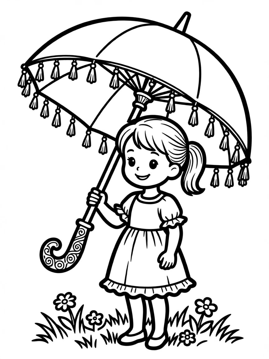 Precious parasol (chattra) with ornate handle and tasseled edges