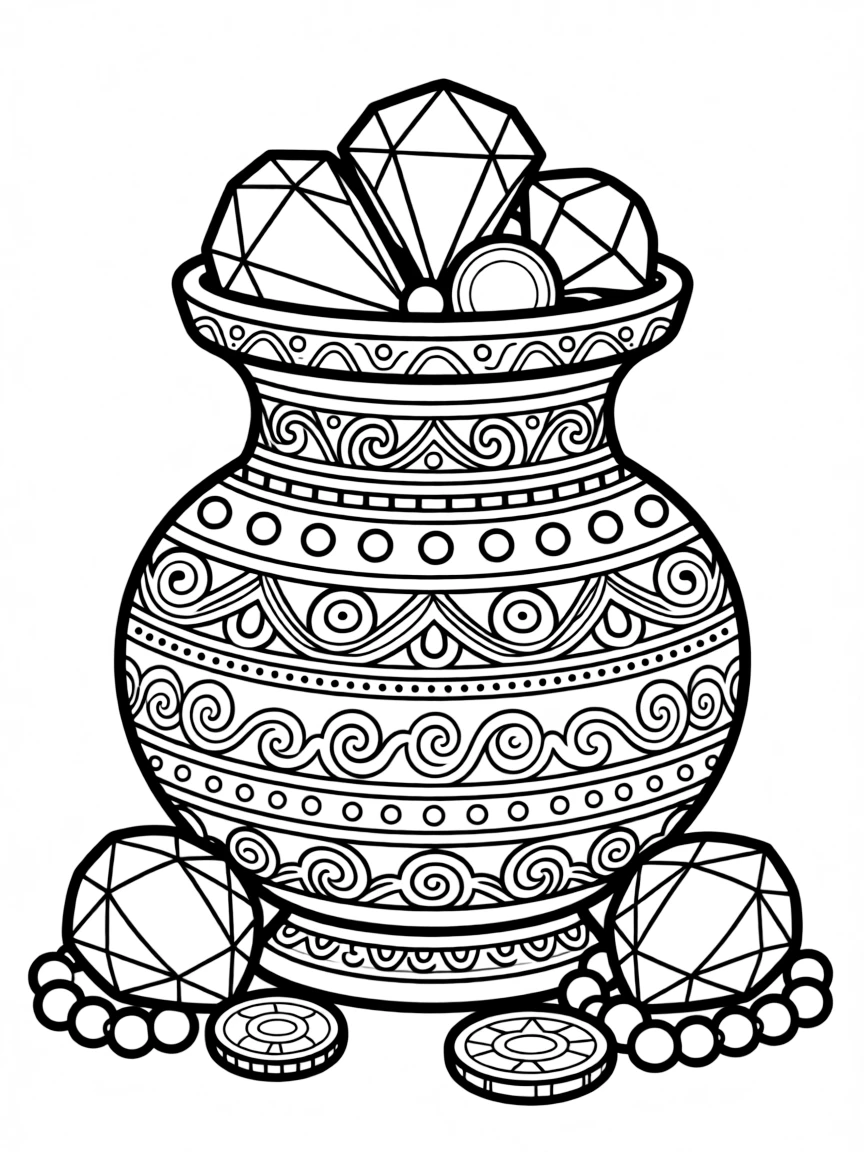 Vase of treasure (kalasha) with jewels and detailed patterns