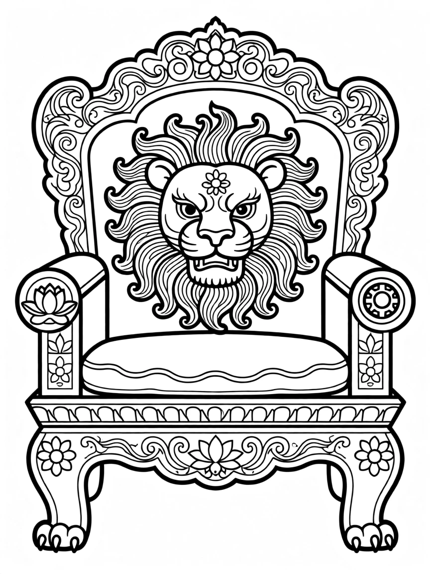 Dharma lion throne with ornate details and symbolic elements