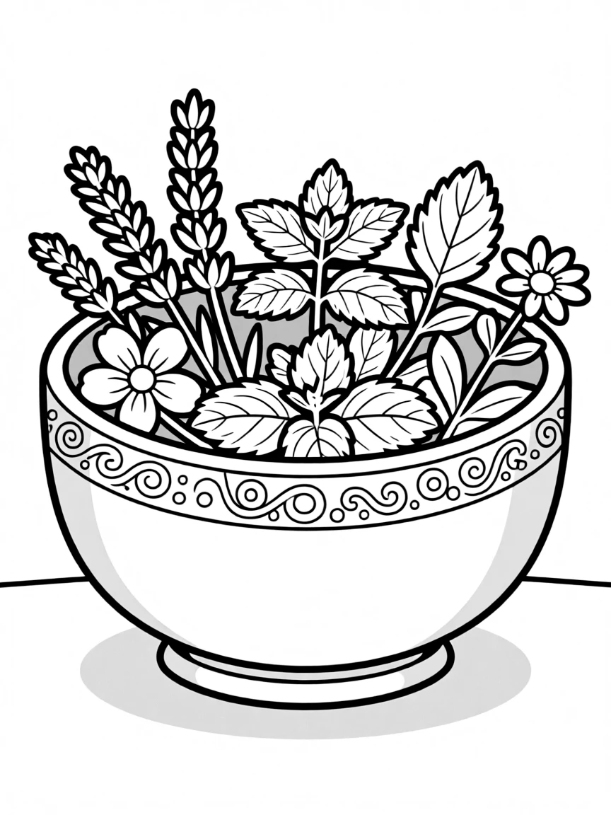 Medicine Buddha bowl with healing herbs and detailed patterns