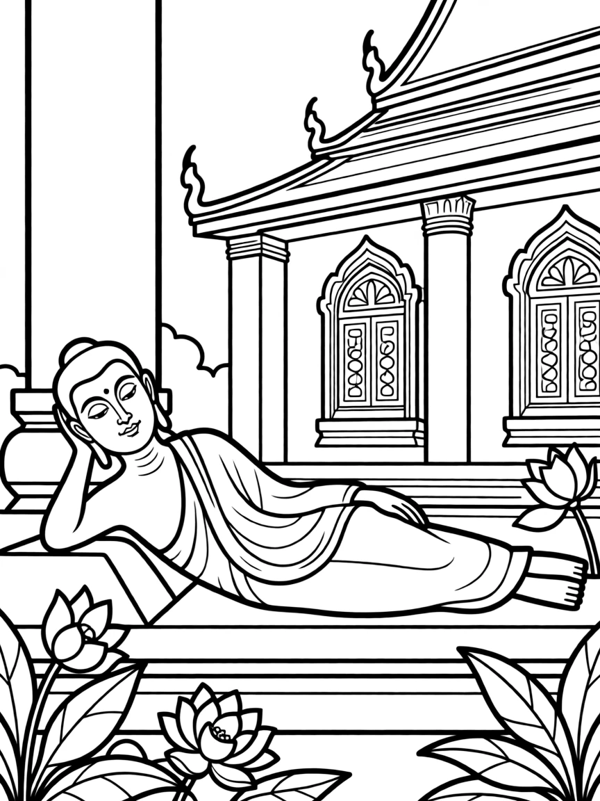 Reclining Buddha with peaceful expression and detailed architectural setting