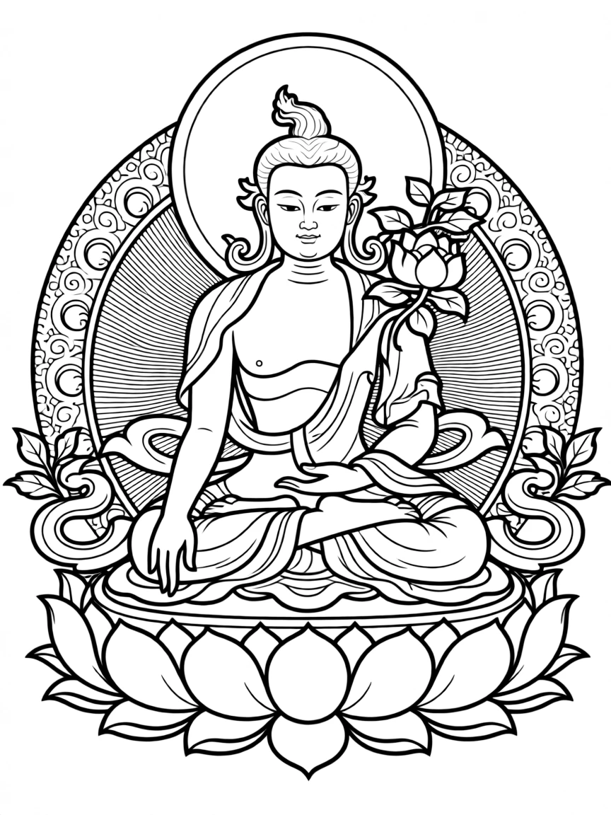 Medicine Buddha holding healing herb with detailed lotus throne