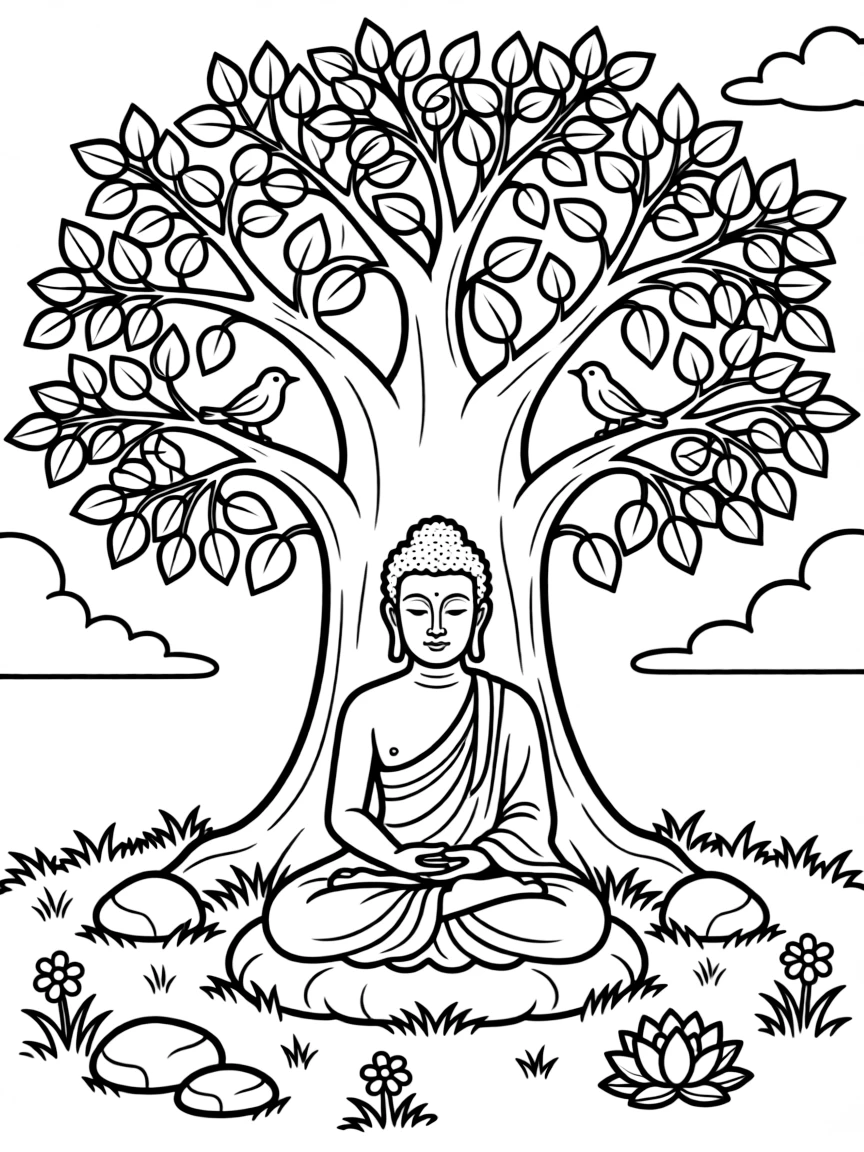 Buddha under Bodhi tree at moment of enlightenment with detailed surroundings