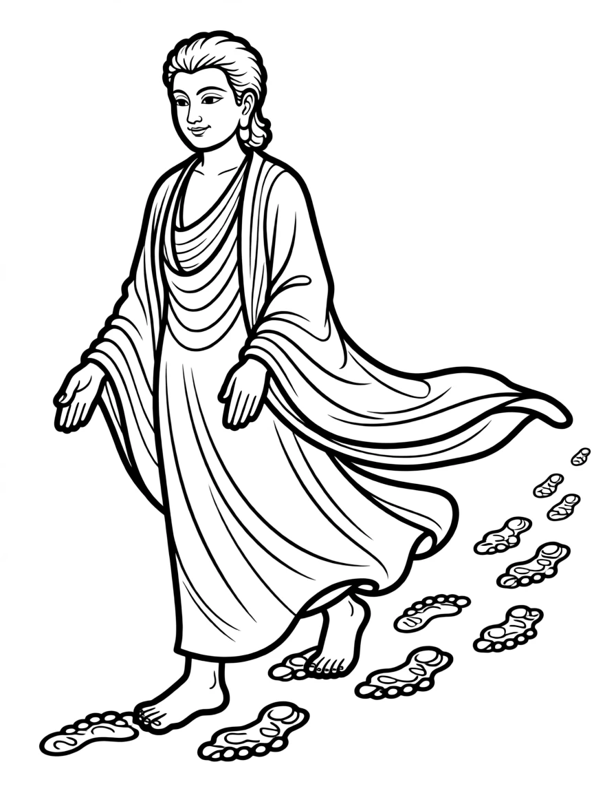 Walking Buddha with detailed footprints and flowing robes